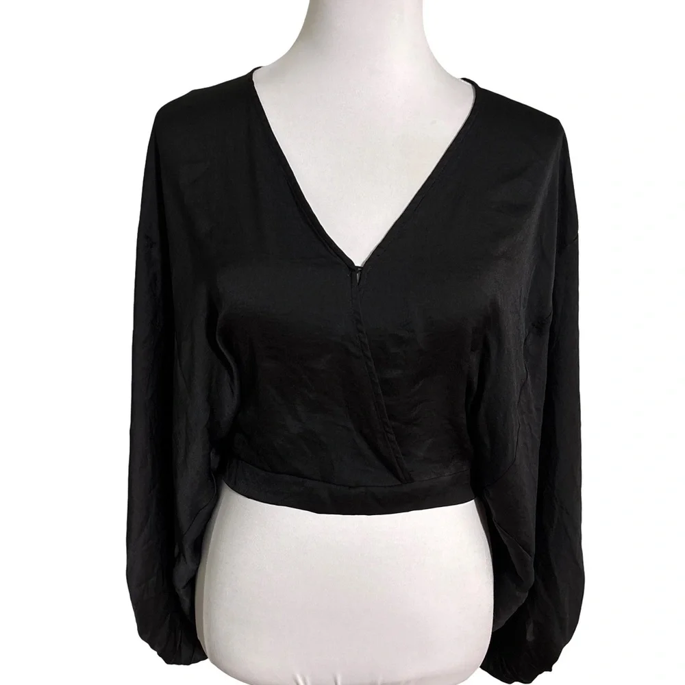FAVLUX Black V Neck Crop Top Oversized Sleeves